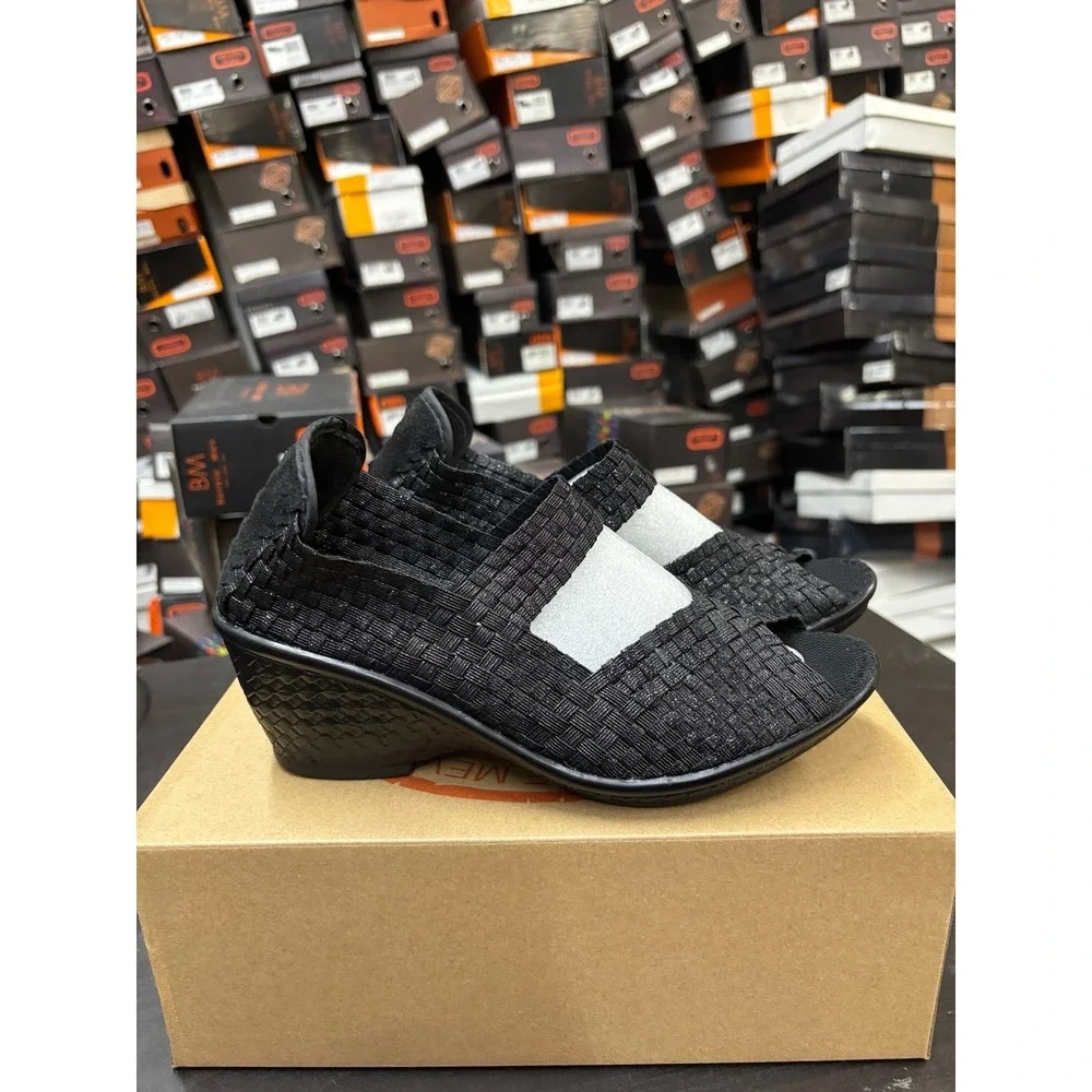 Bernie Mev Lane Black Metallic Woven Wedge Sandals Size 38 US 7-7.5